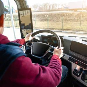 Man driving a truck with rear view camera